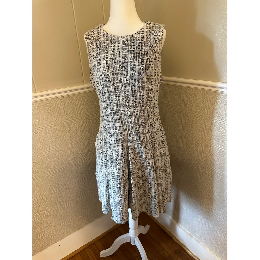 N Natori Women Black White Tweed Sleeveless Pleated Fit Flare Dress Size 10 NEW